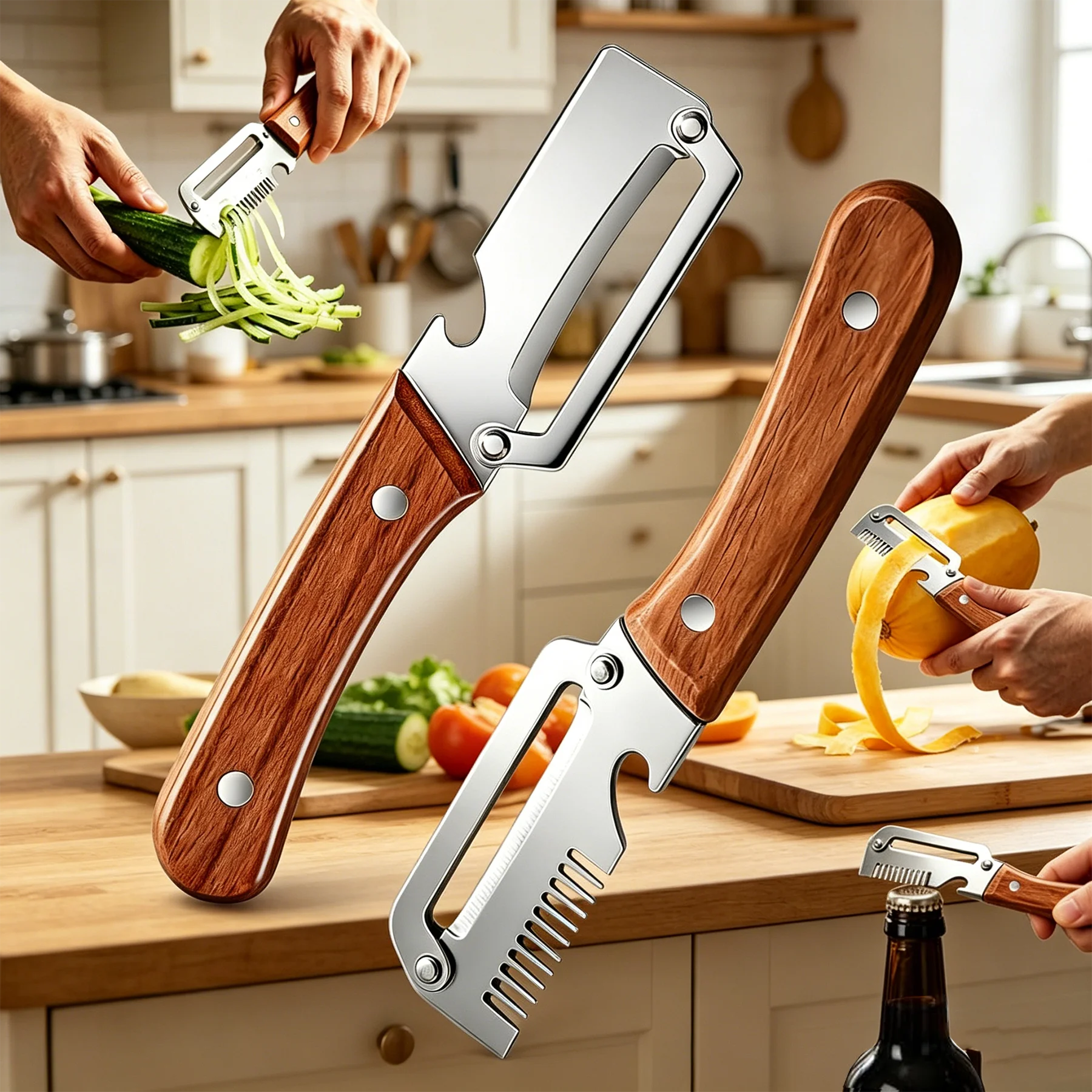 Kitchen Gadgets Dropshipping - 多機能野菜ピーラー ステンレス製 木製ハンドル付き フルーツ・ポテトスライサー 栓抜き キッチンピーリングツール