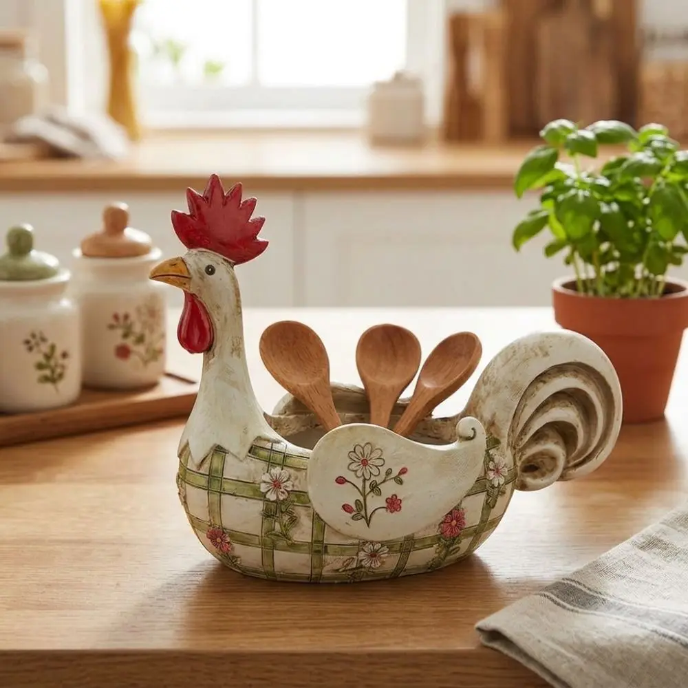 Resin Rustic Rooster Cutlery Holder Gingham Daisy Print Large Capacity Rooster Utensil Holder Aesthetic Distressed Finish