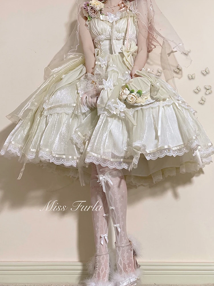 Sweet Lolita Kant Splitsen Korte Mouw Jarretel Prinses Jurken Meisjes Hoge Taille Mode Veelzijdige Leeftijdsreductie Taart Jurk