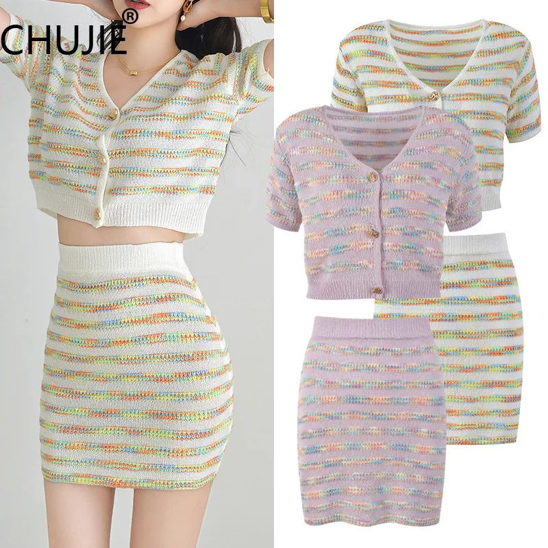 

CHUJIE Women's Dress Set 2025 Spring/Summer New Fashion French Fragrance Style Aging Striped Short Sleeve Top+Skirt Set