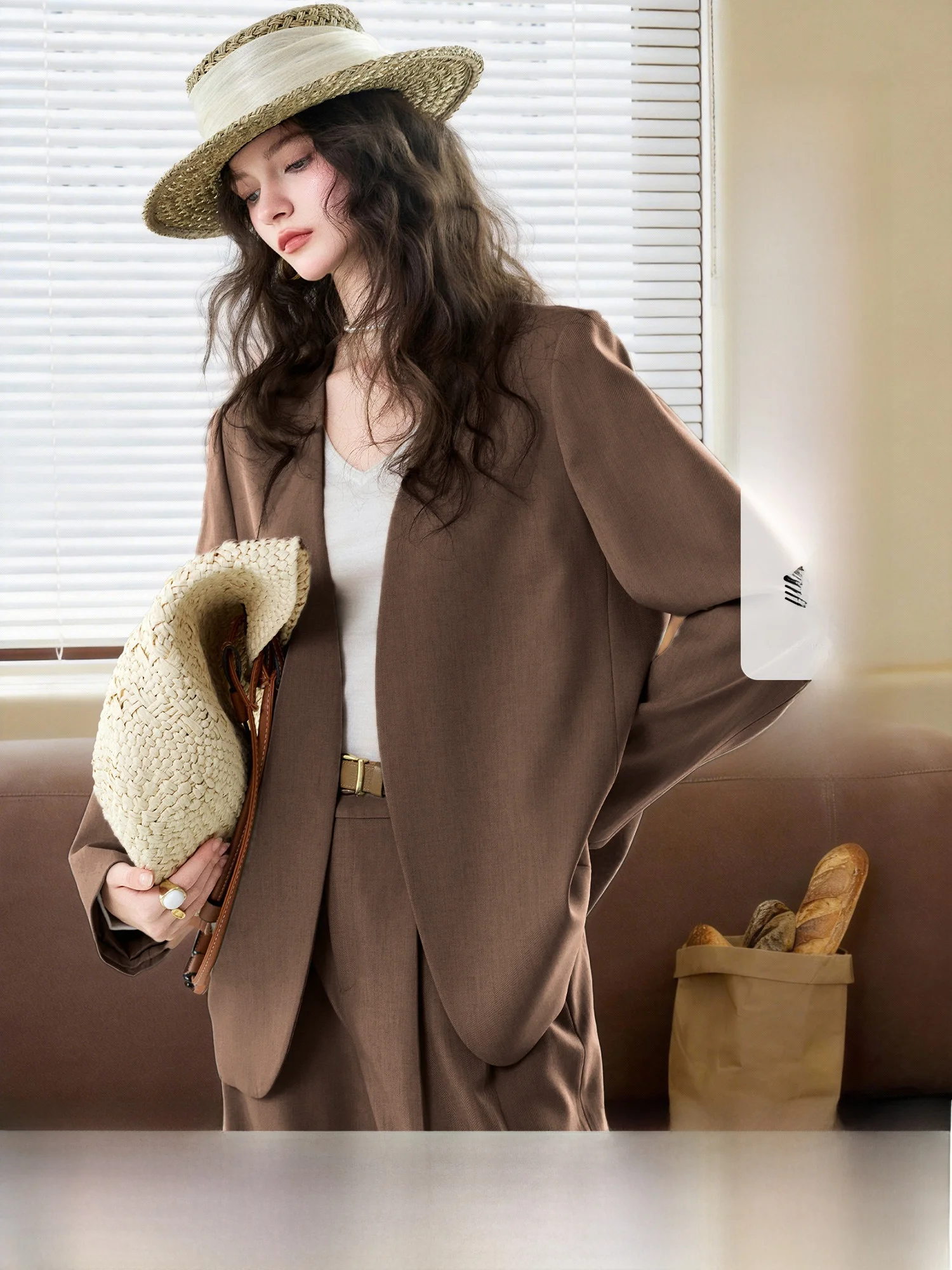 

Emanuelle Scully High Weight Fabric Women's Suiting Set Nel Jaet Pants Long Sve Polyester Spring Commute Sle