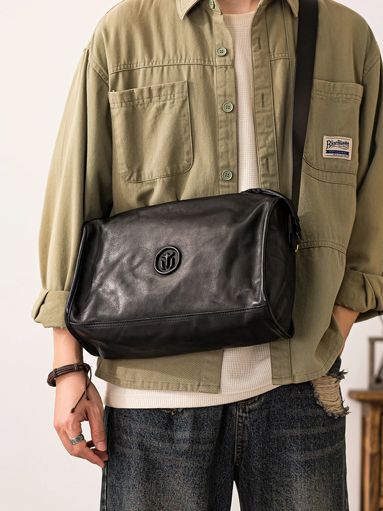 Outdoor casual first layer cowhide men large-capacity crossbody bag travel sports handmade genuine leather fitness shoulder bag