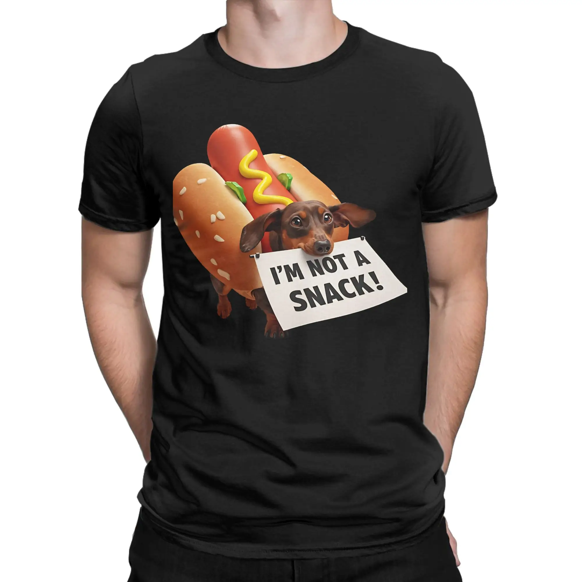 Dachshund in Panic  Graphic Funny 100% Cotton T-Shirt chud consuming hotdogs Tees Tops For Men