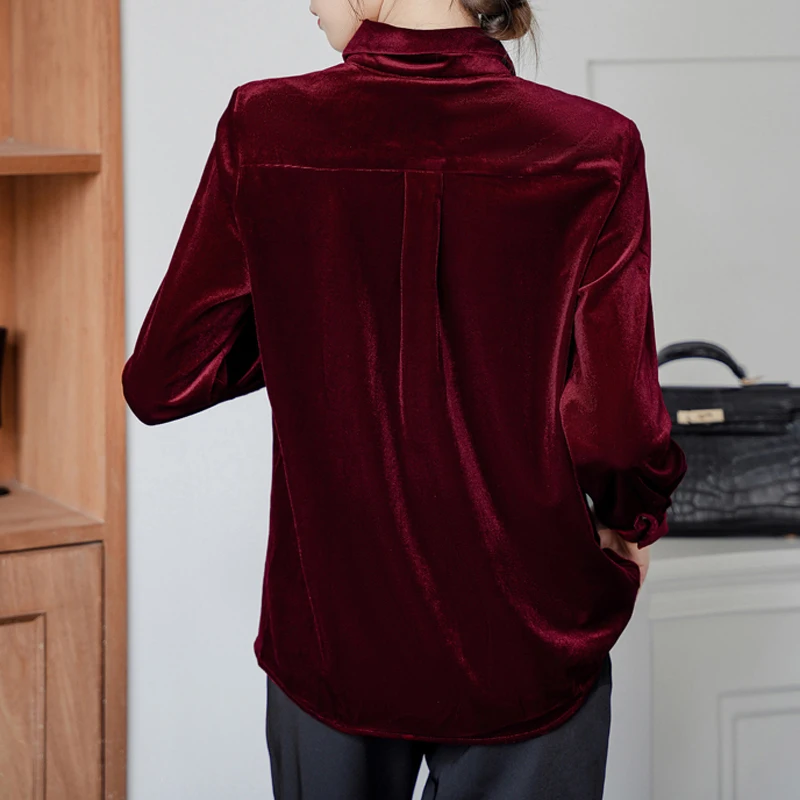 Elegant Autumn Winter Office Lady Basic Tops Vintage Long Sleeve Velour Blouses Women Fashion Turn Down Collar Button Shirts