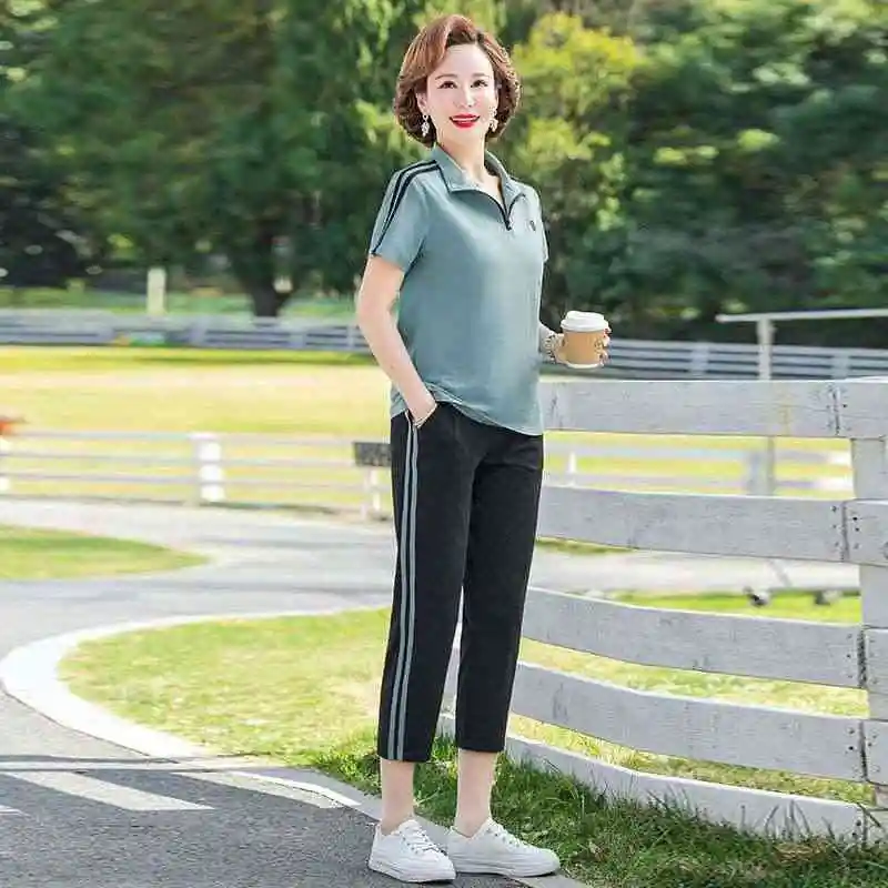 

Summer Two-Piece Suit for Mom New Sle Mi Silk Cotton Blend Long Pants Fly Sve Mid-Aged Women's Faion Thiened Summer ...