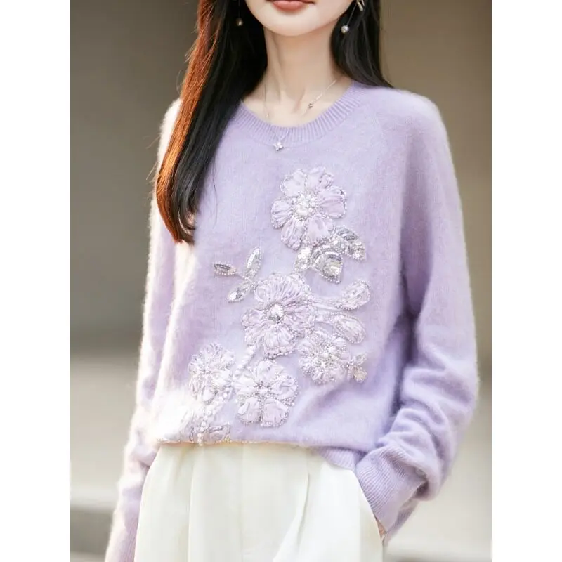Pulled grape beaded cashmere sweater women's knitted bottoming shirt casual solid color long sleeve