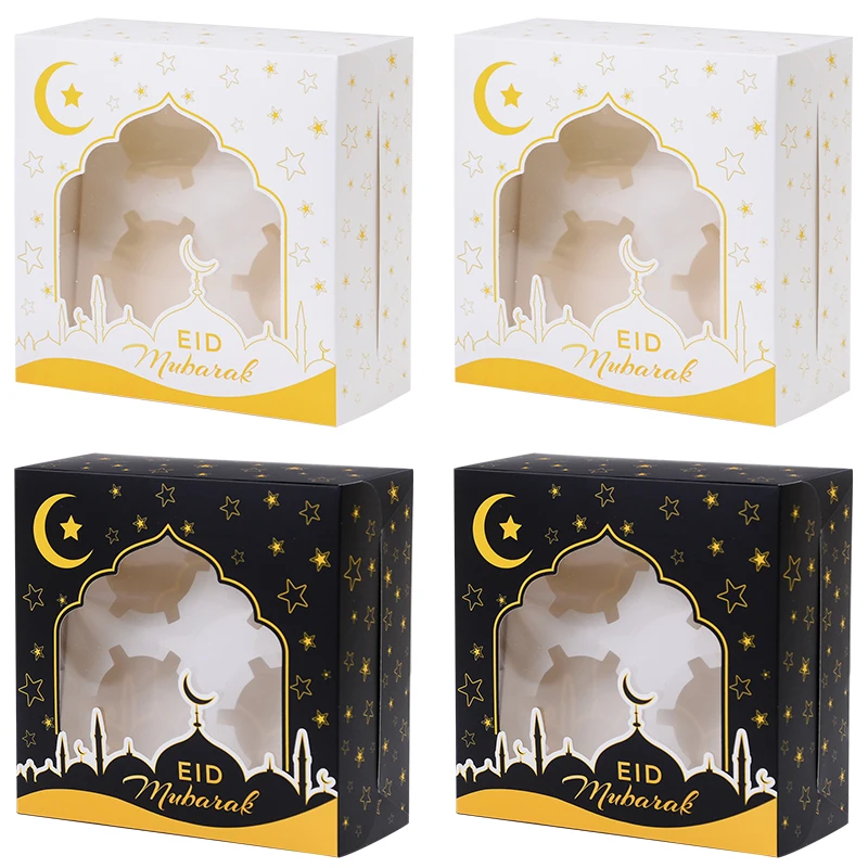 4/1Pcs Eid Mubarak Cake Box Ramadan 4 Holes Muffin Cupcake Packing Boxes 2025 Islamic Muslim Party Decor Supplies Candy Gift Bag