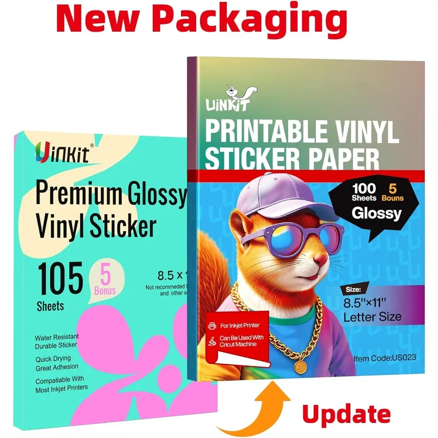 Uinkit 105 fogli di carta adesiva in vinile stampabile premium per stampante a getto d'inchiostro Cricutincluded 100 fogli lucidi e 5 fogli trasparenti