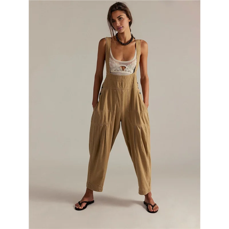 A09P femme ample décontracté côté sans manches Denim réglable barboteuse combinaison avec poches Bronze S