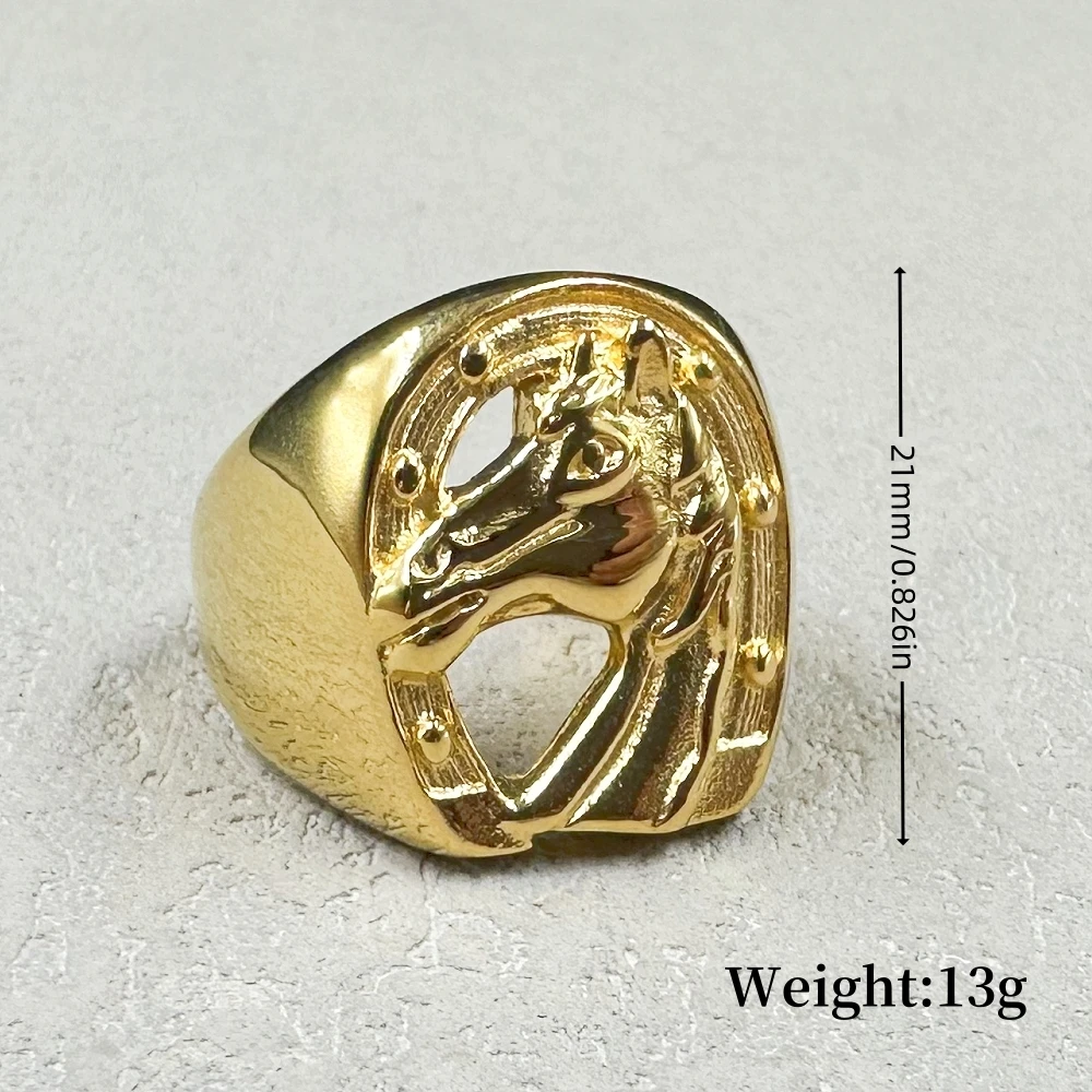 Hip Hop Punk Horseshoe Horse Head Rings For Men Golden color 316L Stainless Steel Male Ring Jockey Club Jewelry Anillo