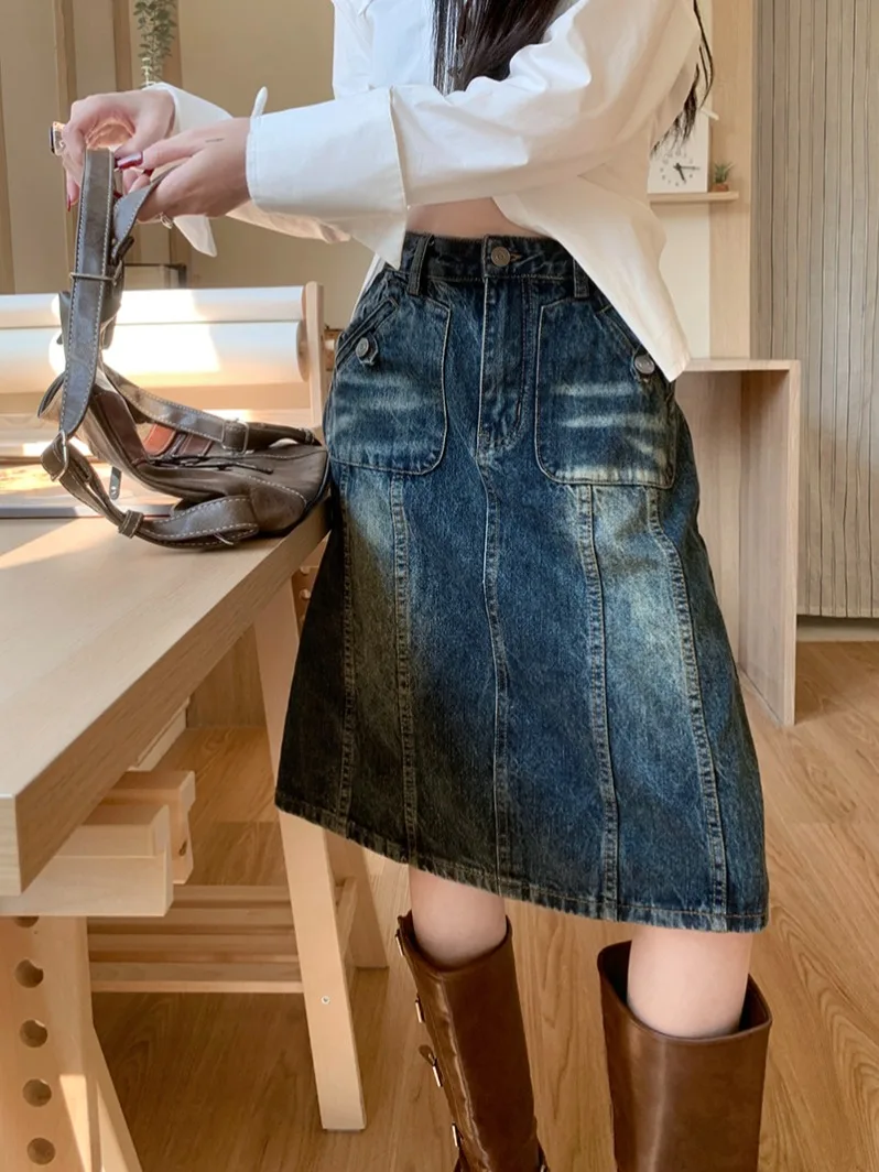 

Retro American Vintage Faded Denim Skirt Women plus Size Loose Slimming A-Line Skirt Spring Summer New Style Cotton Blend