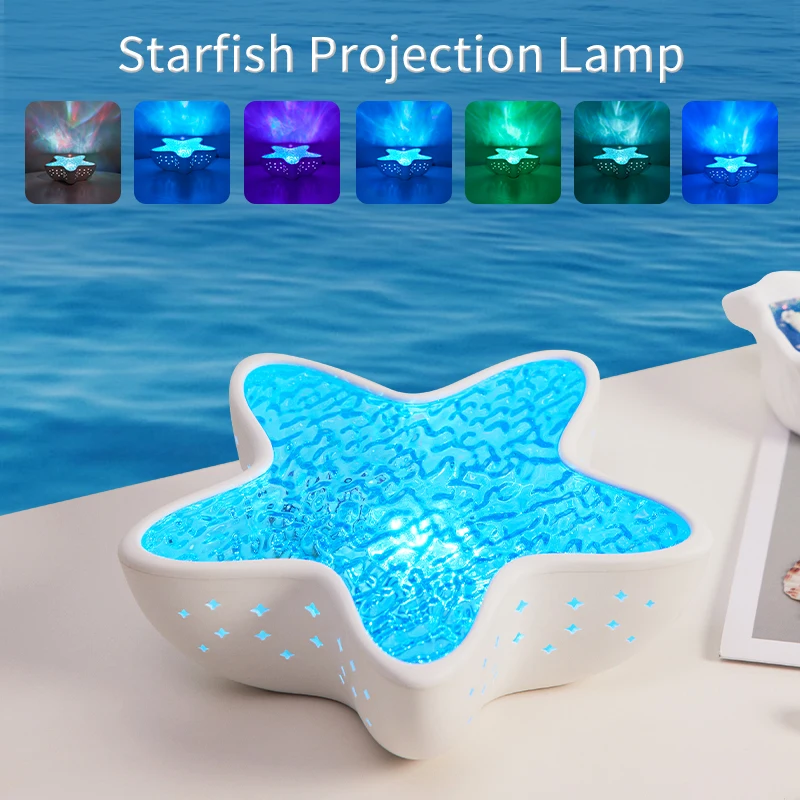 Starfish LED Ambient Light Rechargeable Water Ripple Projector Lamp Romantic Night Light for Bedroom Home Decor Christmas Gift