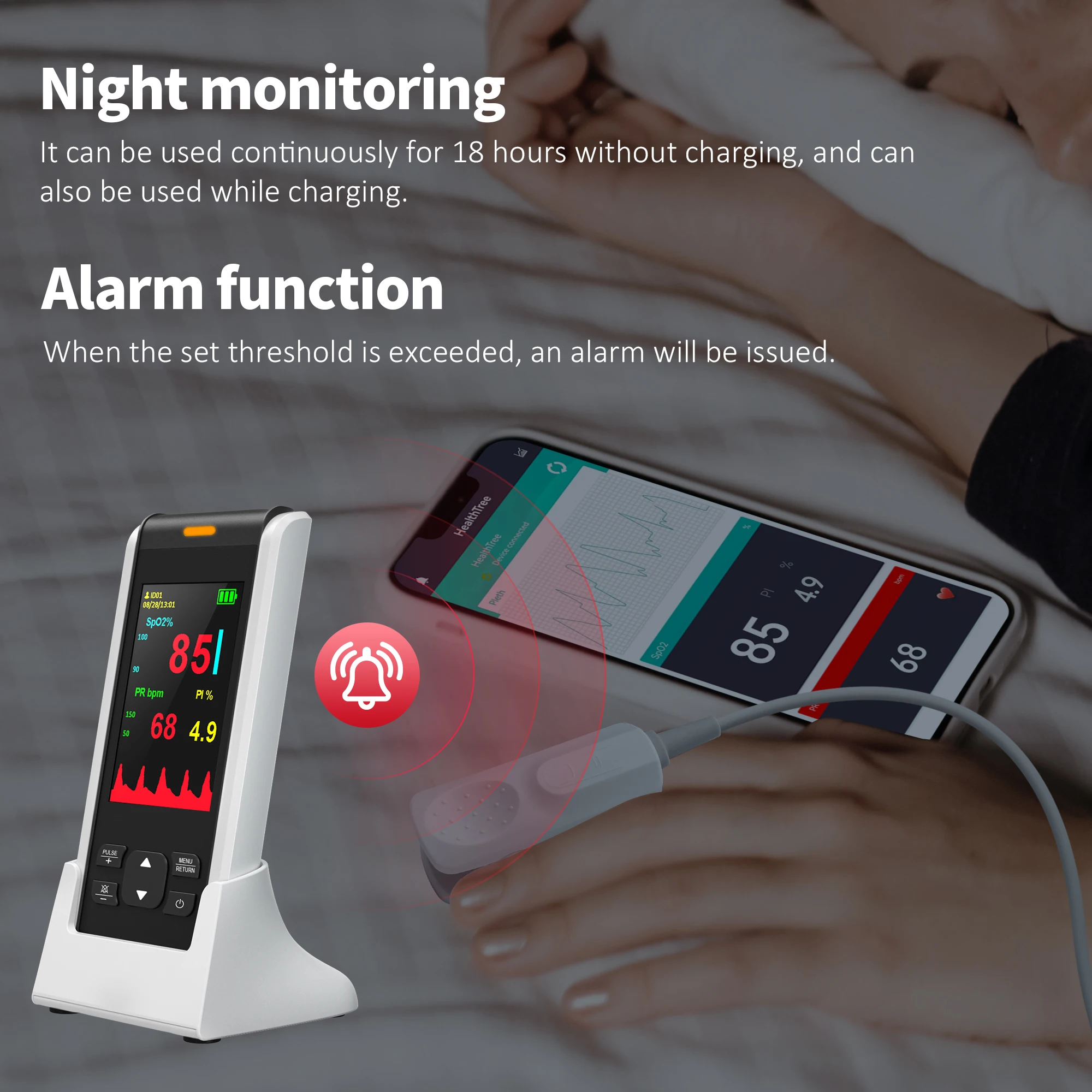 HealthTree Handheld Pulse Oximeter Medical Clinic Level APP Control Bluetooth Function Memory Night Alarm for Infant Baby Adult