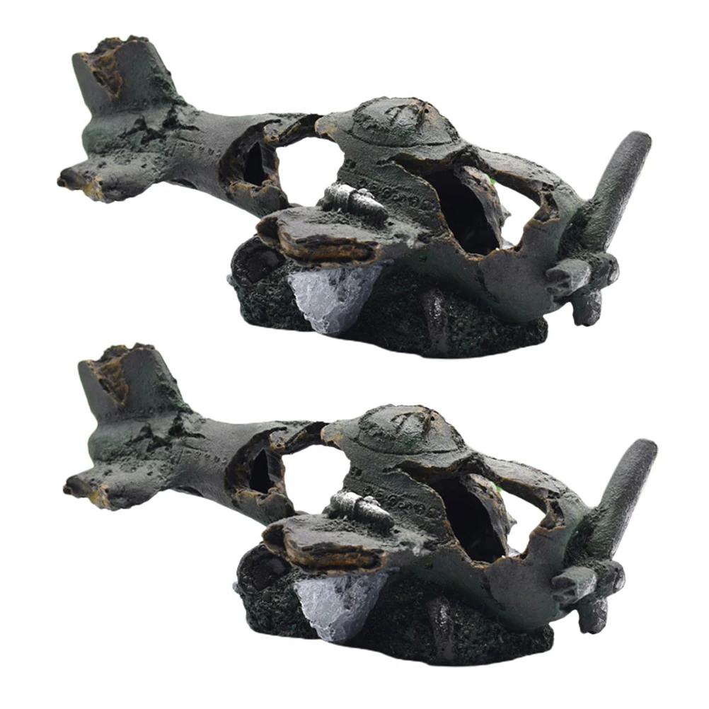 

2Pcs Aquarium Decoration Resin Damaged Airplane Fish Tank Ornaments Hideout Shrimp Shelter Lifelike Design Durable Material