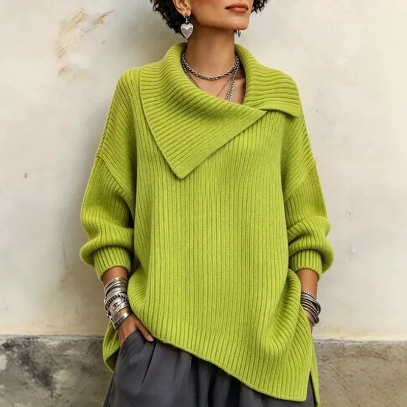 Women Asymmetric Collar Ribbed Knit Sweater Long Sleeve Loose Casual Pullover