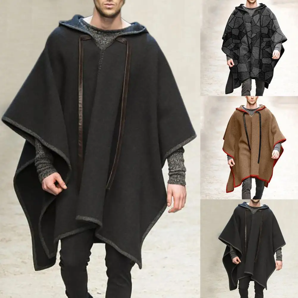 Cool Long Coat Cape Coat Men Coat Extra Loose Geometric Pattern Drawstring Shawl Coat  Patchwork