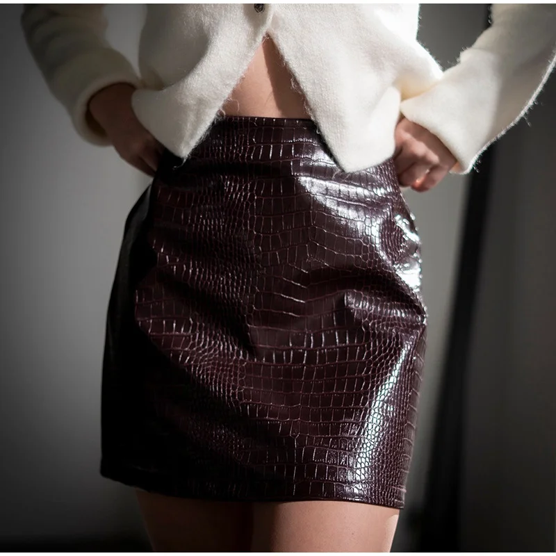 Crocodile Embossed Faux Leather Midi Skirt Front Slit High Waist Bodycon Pencil Skirt Women 2026 Autumn Vintage Fashion Outfit