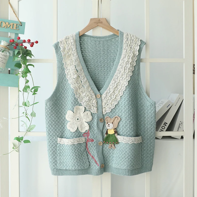 Vintage Embroidery Knitted Vest Women Autumn Japanese Mori Style Sleeveless Top Sweet Lace Patchwork Sweater Cardigan Waistcoat