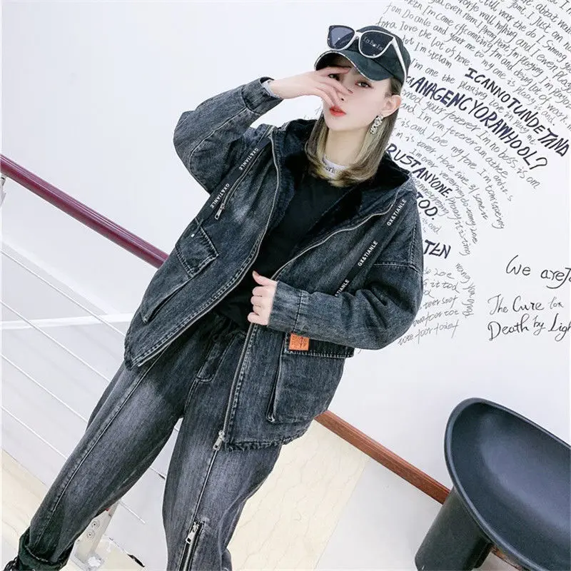 Woman Denim Jacket Fashion and Long Pant Female Two Piece Suits Liner Slim Wear Denim Clothes Outfits Ladies Sweatshirt Sets G46