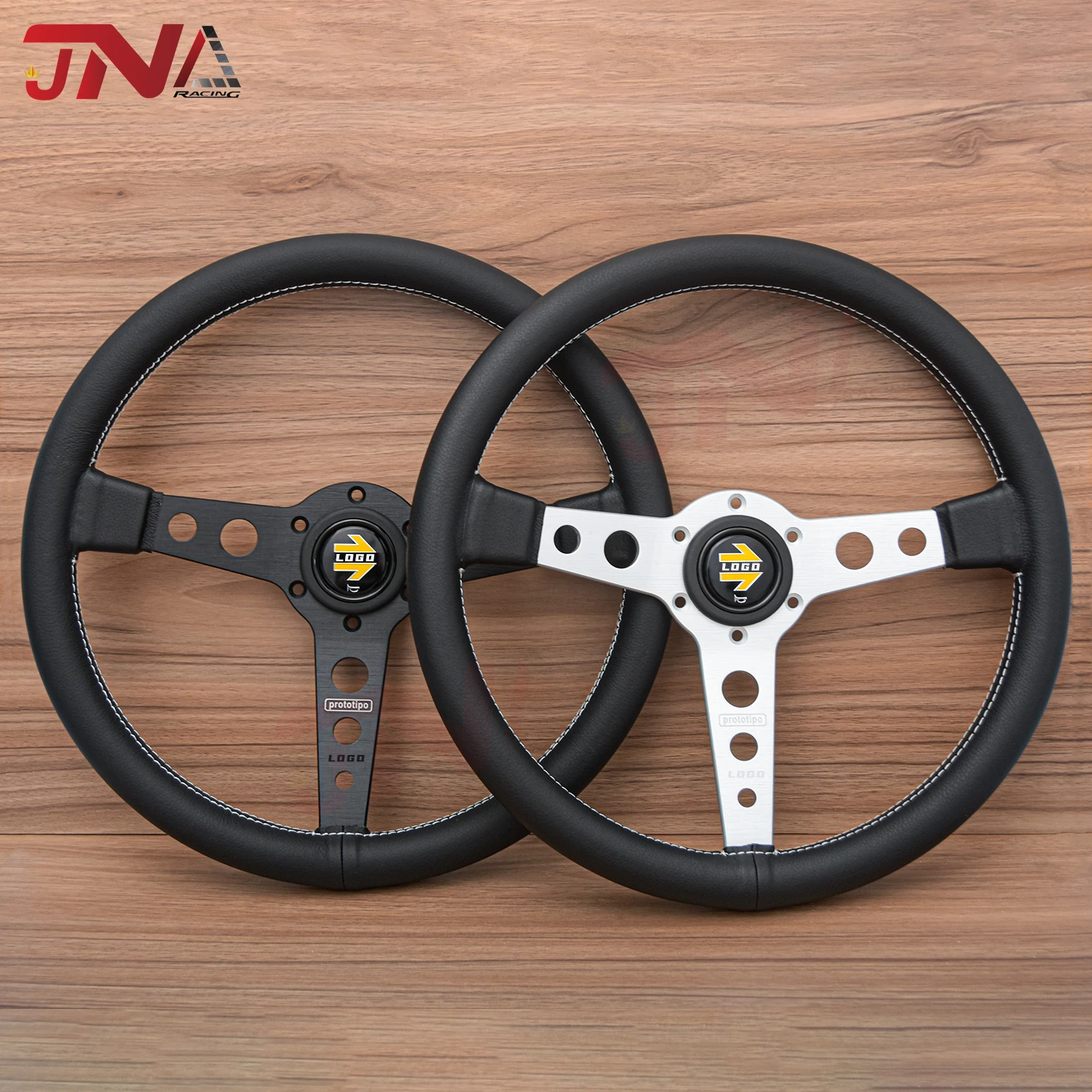 14Inch MOMO Motorsport Prototipo Steering Wheel Black Leather Grip Black Anodized Spoke White Stitching 350MM For VW BMW Toyota