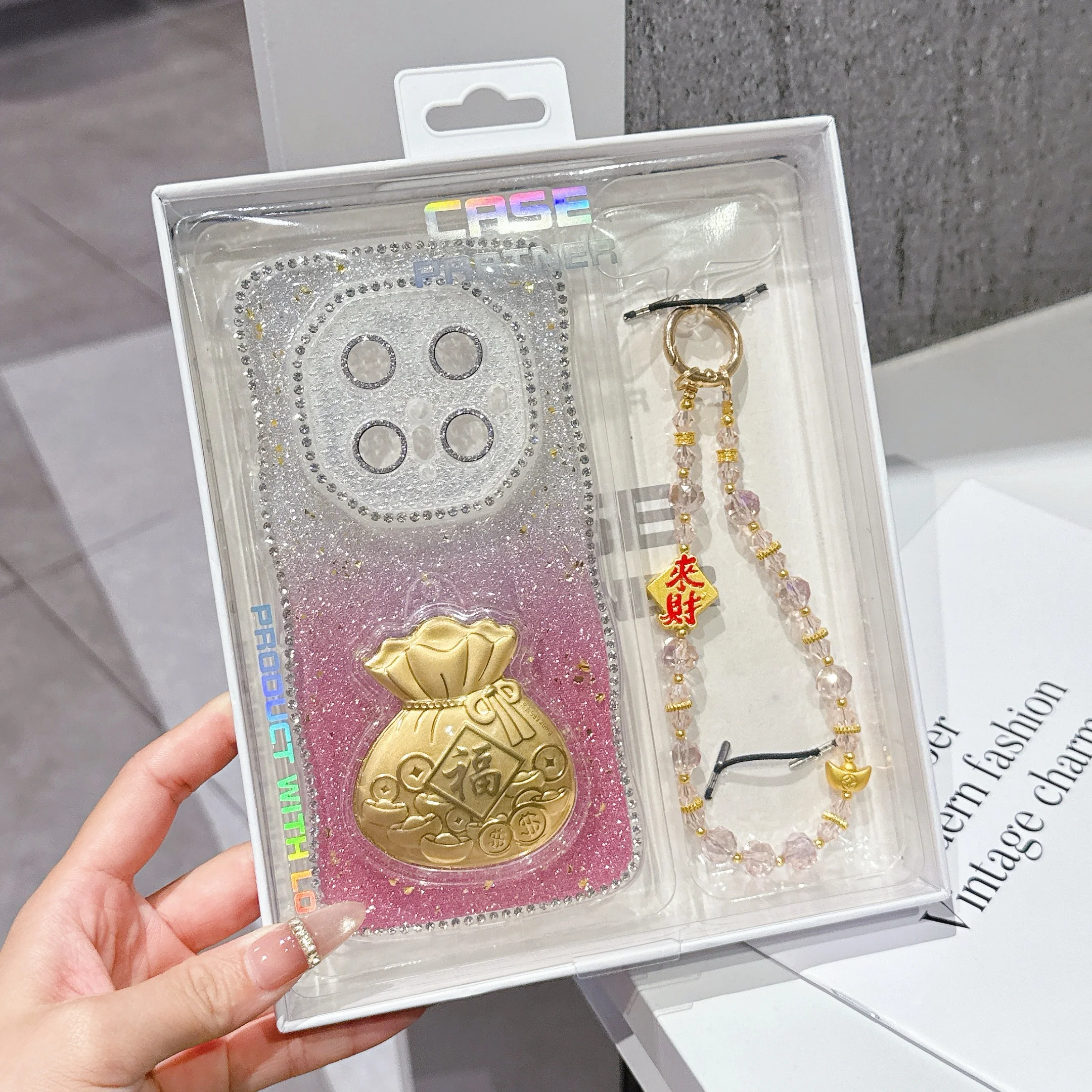 

Luxury 3D Gold Foil Lucky Bag Phone Case For Huawei Mate 70 60 Pro Pura 80 Ultra P60 Clear Shockproof Cover Lanyard Strap Gift B