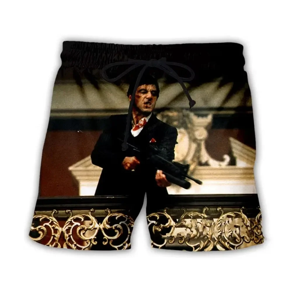 European  American Retro Movie Scarface 3D Print Men's Loose Shorts-Fashion Sports Breath Quick-dry Beach Vacation Casual Shorts