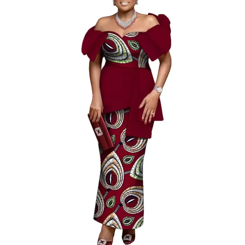 Lady's African robe, African dress, lady's long-style Dacik skirt, lady's one-shoulder design party evening gown