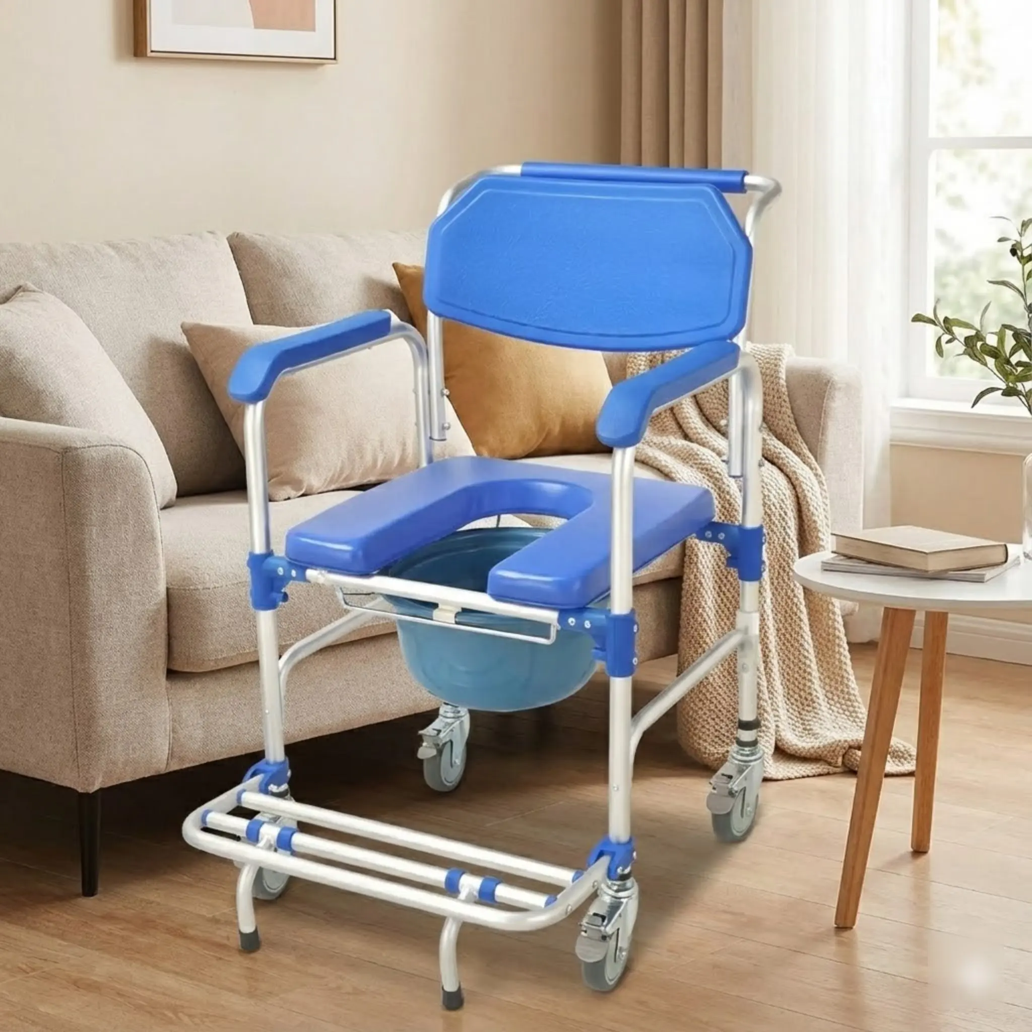 كرسي دش دوار مع مقعد مبطن بعجلات ودلو لكبار السن والمعاقين