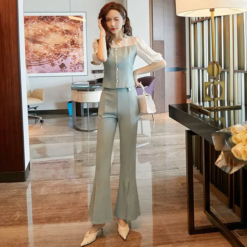 Wear To Work Trousers Woman Office Professional Top and Pant Sets for Women 2 Pieces Summer 2024 Splicing Clothing Sales Fashion