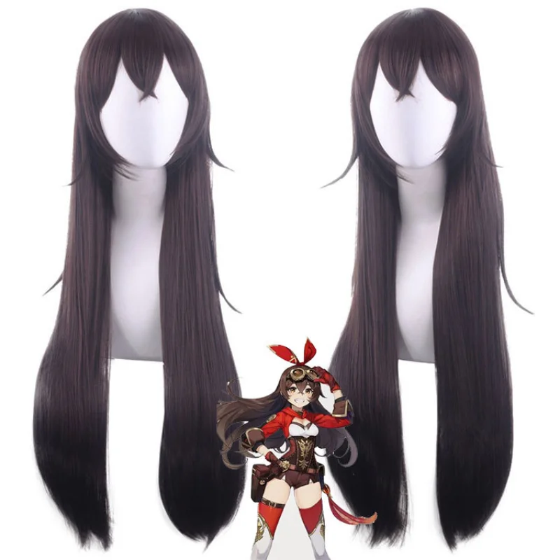 

Game Genshin Impact Cosplay Halloween Amber Cosplay Wig Dark Brown 80CM Long Hair Heat Resistant Synthetic Wigs Women Girls