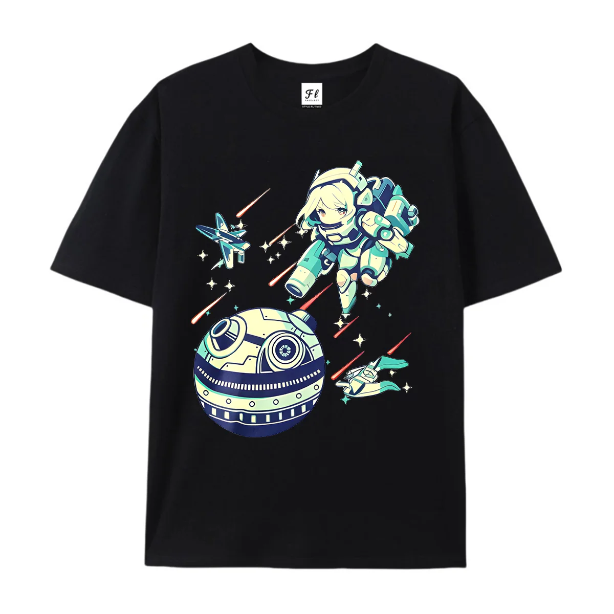 Chibi Anime Mecha Girl Astronaut Graphic T‑Shirt Retro Cyber Sci‑Fi Mechanical Planet Star Fighter Shooting Star Space Print Tee