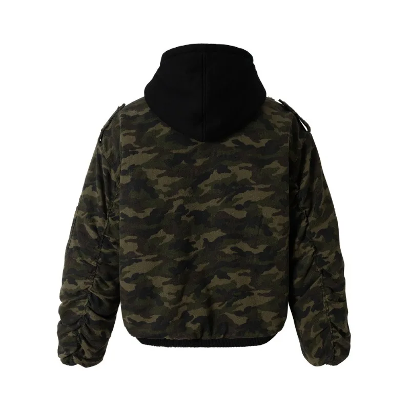 2026 Winter New Camouflage Splicing Fake Two-piece Hooded Zipper Jackets Retro Airplane Hook Buckle Design Loose Bomber Jacket