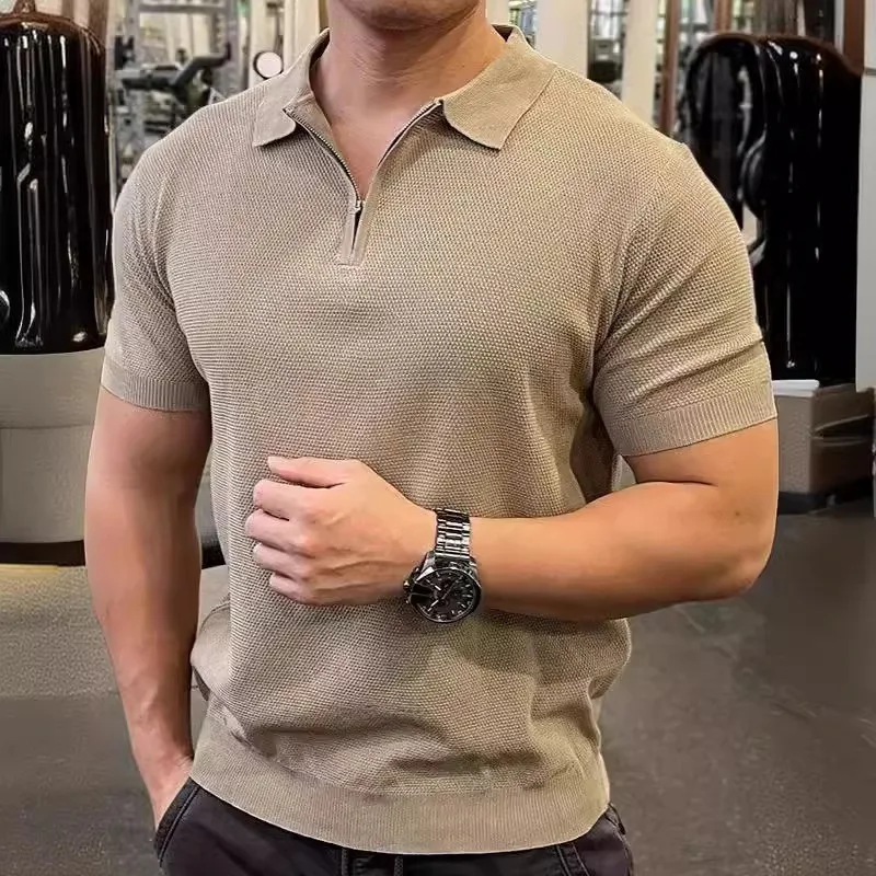 

High-quality Half-zipper Ice Silk Knitted Sweater Men's Summer Fashion Simple Slim T-shirt Light Ripe Style Thin Short-sleeved T