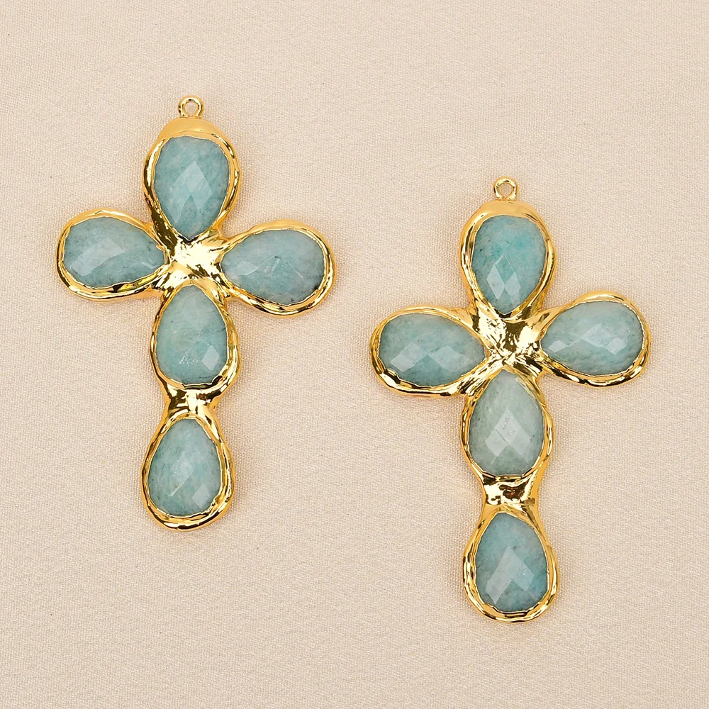 APDGG 2 Pcs Big Natural Green Amazonite Pendant Gold Plated Connector Handmade Jewelry DIY