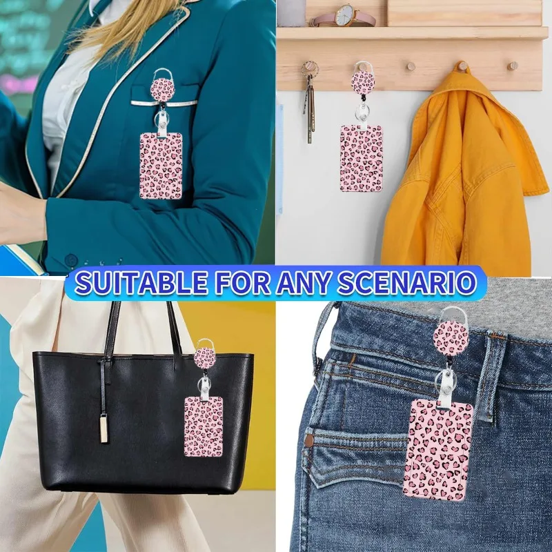 Pink Leopard Print Retractable Keychain Anti-Lost ID Card Badge Holder Zinc Alloy Clip Polyester Lanyard with Easy-Pull Buckle