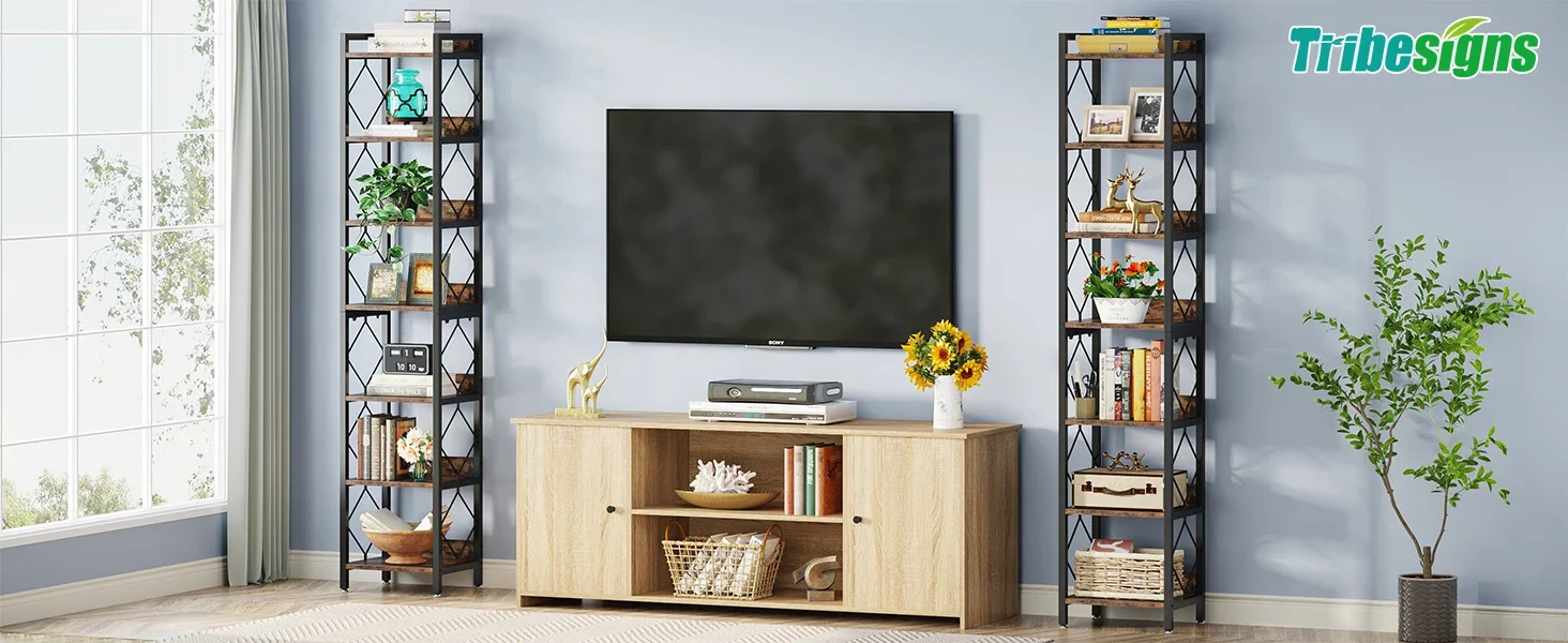 Tall narrow 7-tier corner bookshelf standing in an apartment corner