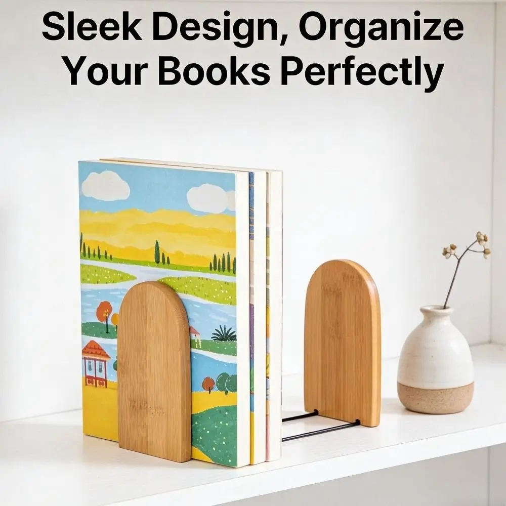 2Pcs Bamboo Bookshelf Anti Slip Heavy Duty Bookends Detachable Clip Desktop Storage Rack
