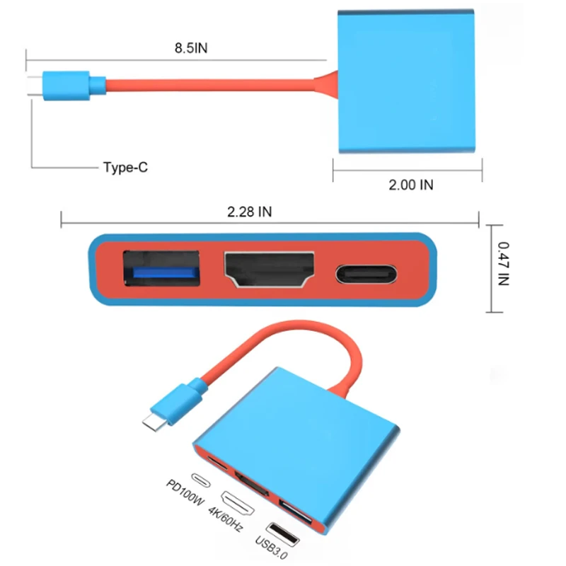 1Pc 3 In 1 4K/60Hz 4K/30Hz for Nintendo Switch with Hdmi 100W Pd Charging and Usb 3.0 Ports Portable Docking Station Type-C Hub