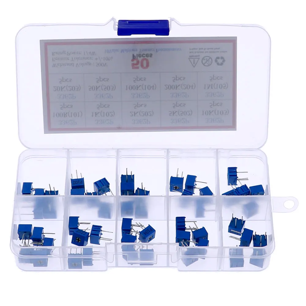 50pcs 10 values 100 ohm-1Mohm 3362P potentiometer assorted kit set  variable resistor potentiometer pack