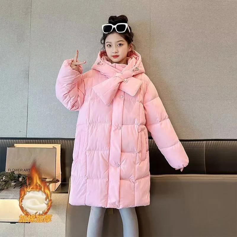 

2025 New Winter Girls Slim Jacket Long Style Hooded Fur Collar Pink Black Color Thicken Coat For Kids Children Outerwear
