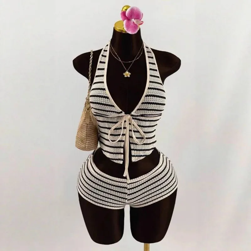 

Summer Seaside Beach Vacation Style Knitted Lace up Slim Fit Halterneck Vest Half-Length Shorts Two-Piece Set for Women sexy sty