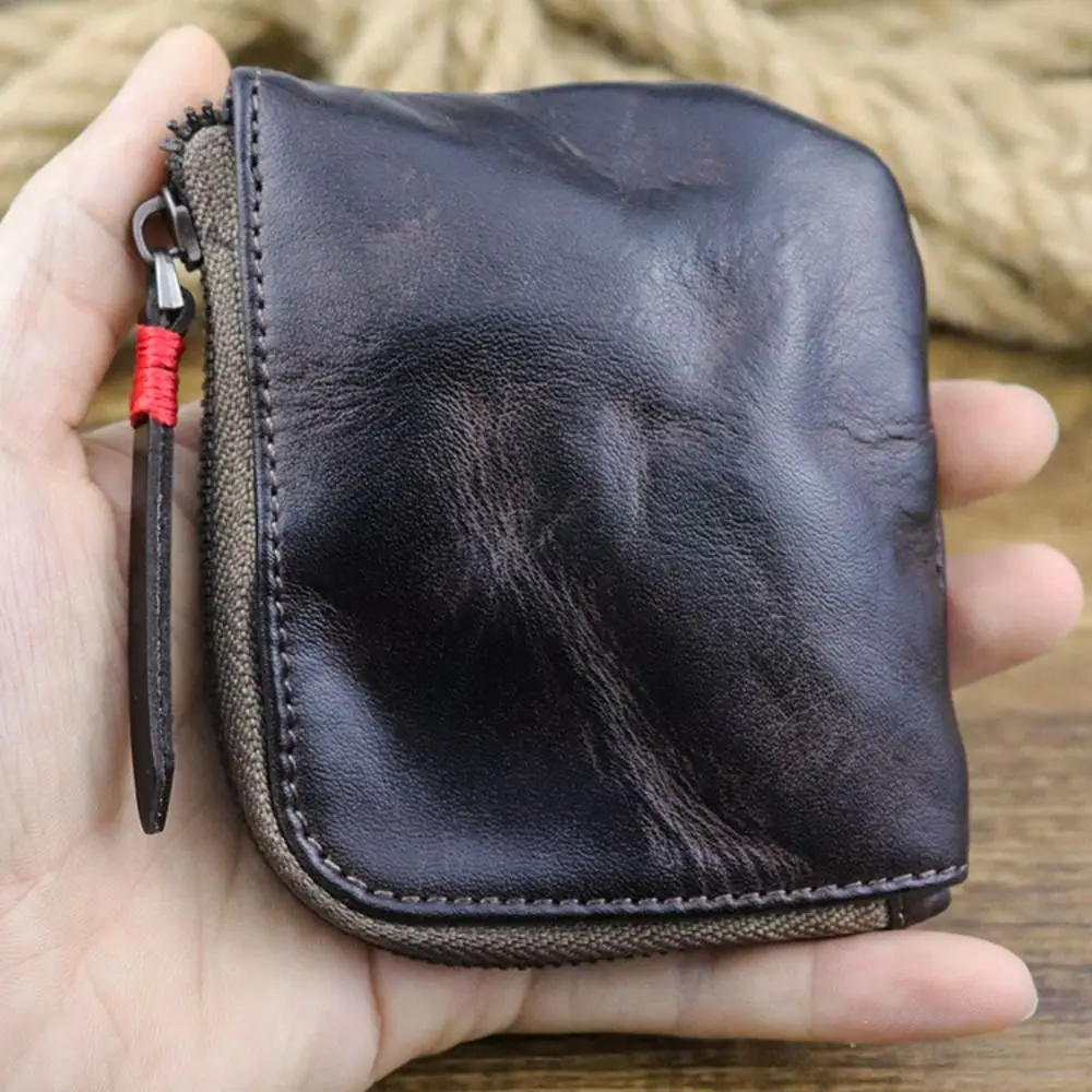 Leather Coin Purse Unisex Cardholders Vintage Handmade Card Holder Bag Key Multi-colors Zipper Wallet for Women & Men