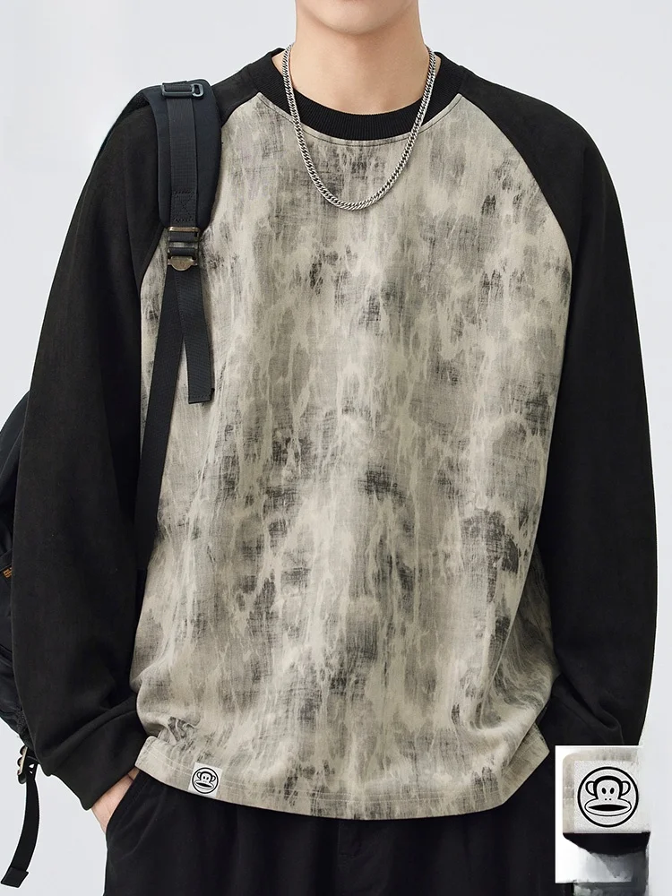 

Loose Fit Long Sve round Ne T-irt Hoodie Men's Autumn Casual Color Blo Monkey Print Top Youth Faion