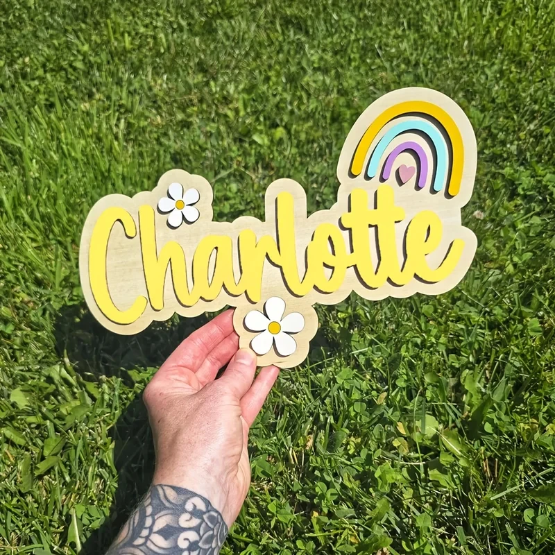 Personalized Wooden Name Sign with Rainbow and Flowers - Custom 