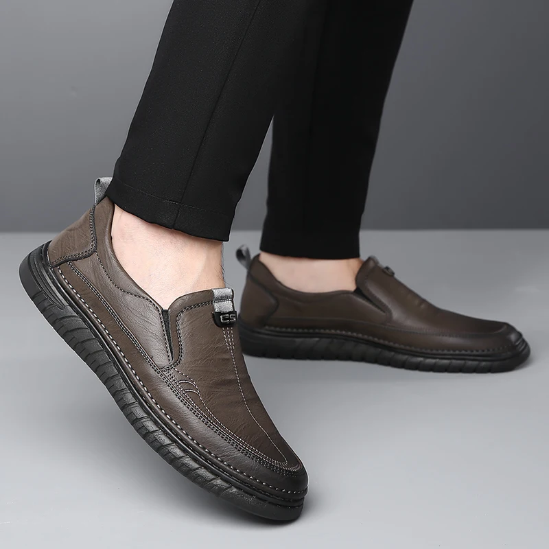 Comfort Men Leather Loafers Shoes Non Slip Flats Breathable Outdoor Slip on Casual Shoes for Male Business Office Driving Shoes