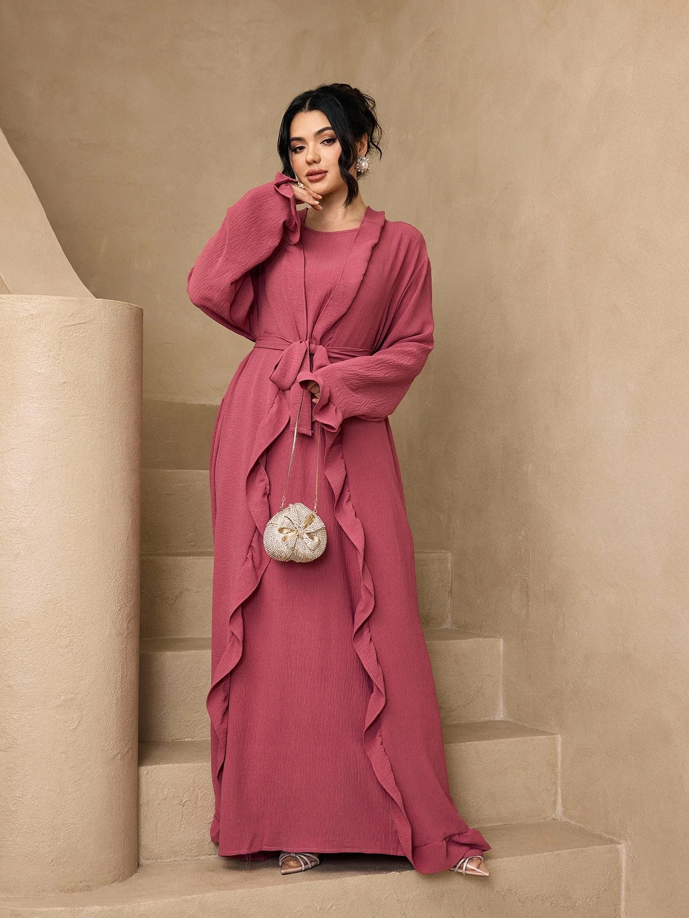 3‑Piece Ruffle Trim Abaya Set, Open Kimono Cardigan, Inner Maxi Dress With Hijab, Waist‑Tie Modest Muslim Women Islamic Robe