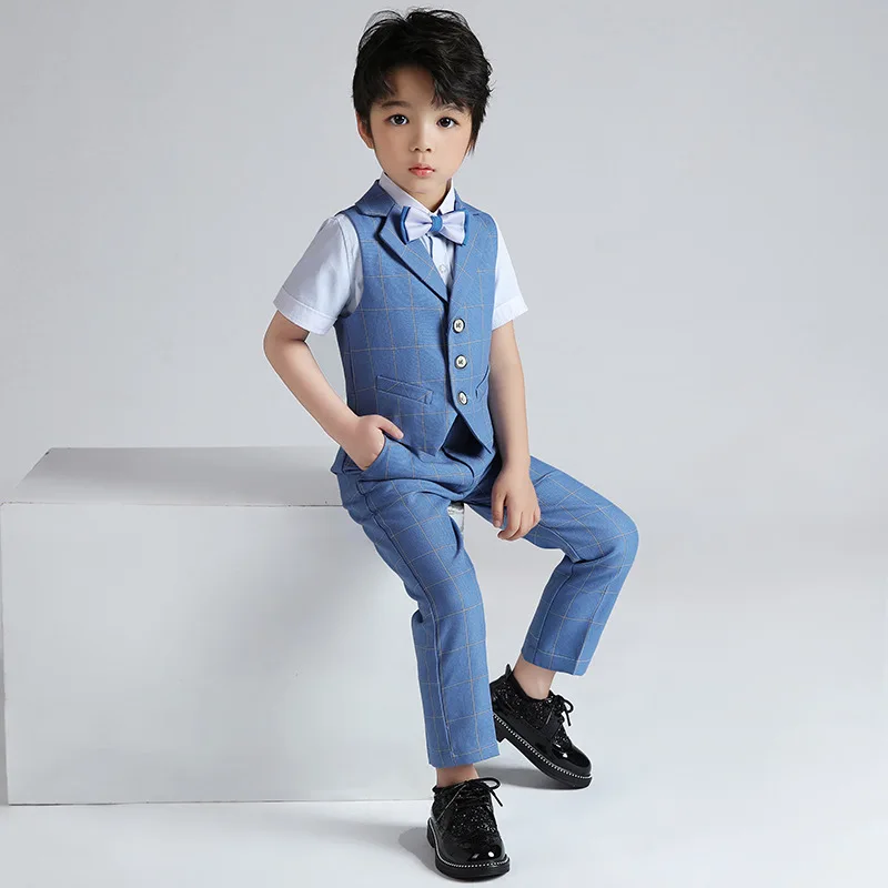 Children Formal Wedding Suit For Boys Vest Pants Shirt Bowtie Tuxedo Dress Kids Summer England Photography Blazer Costume