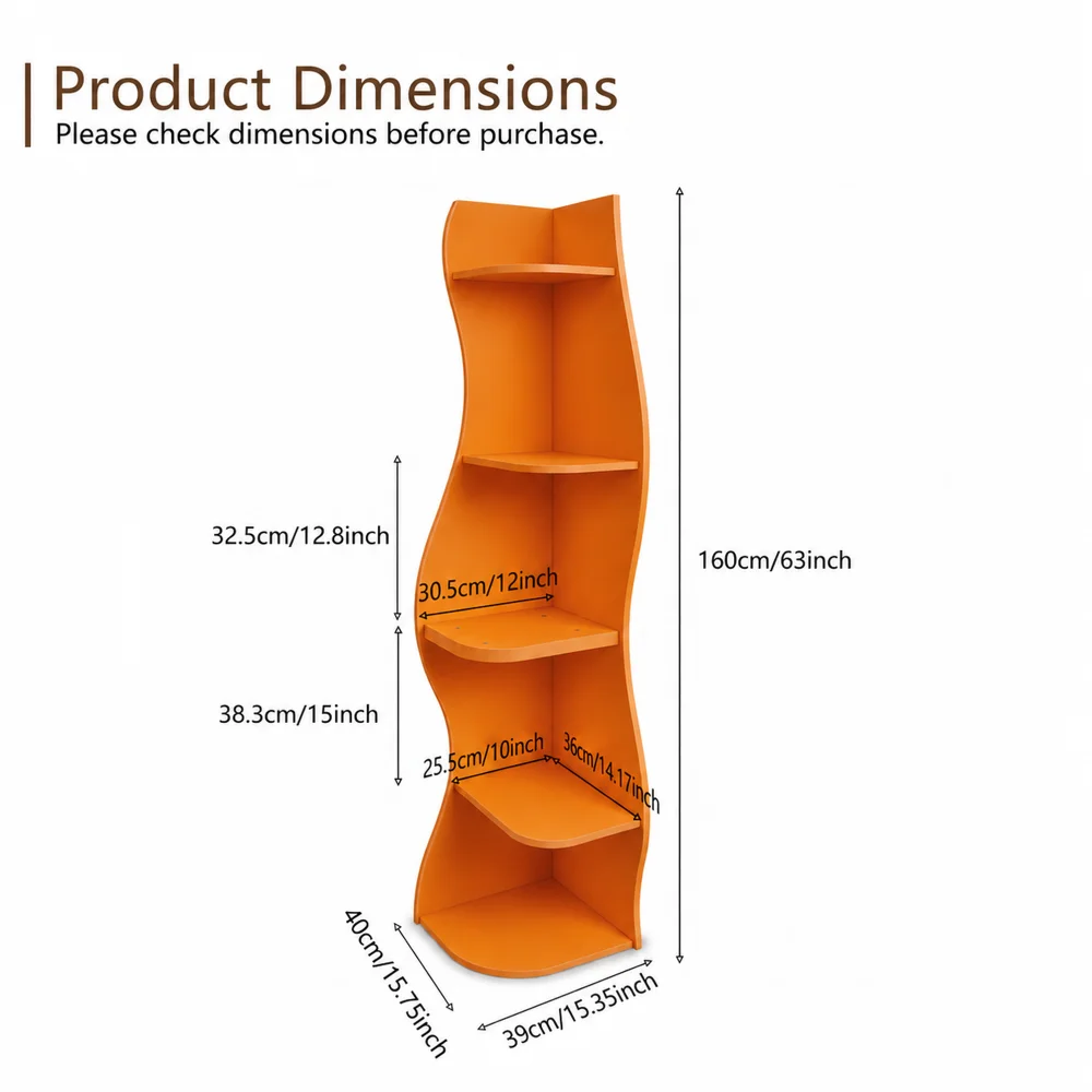 (Old Sku: W5156P534907)5-Tier Corner Shelf, Modern Wavy Corner Bookshelf, Tall Corner Storage Rack for Living Room, Bedroom, Kitchen, Home Office, Space-Saving Display Stand with Rounded Edges, Orange
