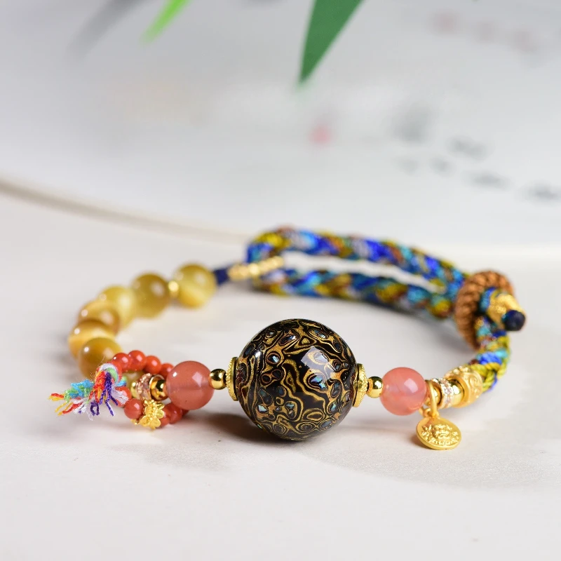 

Chinese Classical Style Tiger Eye Stone Lacquerware Round Beads Hand Woven Women's Bracelet Retro Jewelry