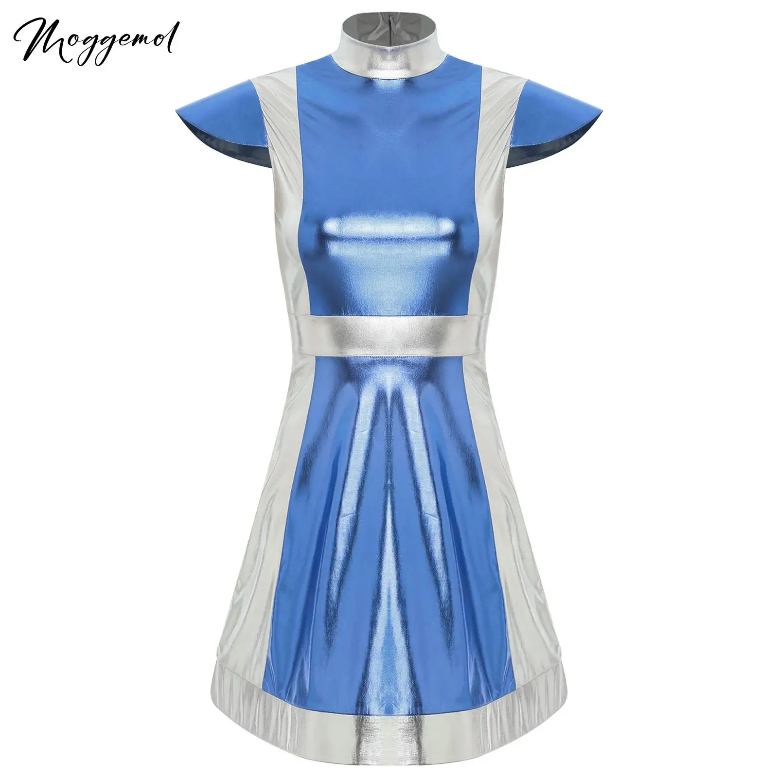 宇宙飛行士のコスプレ衣装,女性の宇宙飛行士の衣装,モックネック,キャップスリーブ,ロボットの衣装,ハロウィーンのパフォーマンスのための光沢のあるメタリックドレス